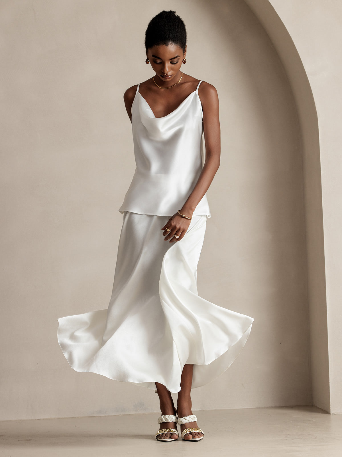 [White] SilkSilky-CA 19Momme Silk Skirt 007