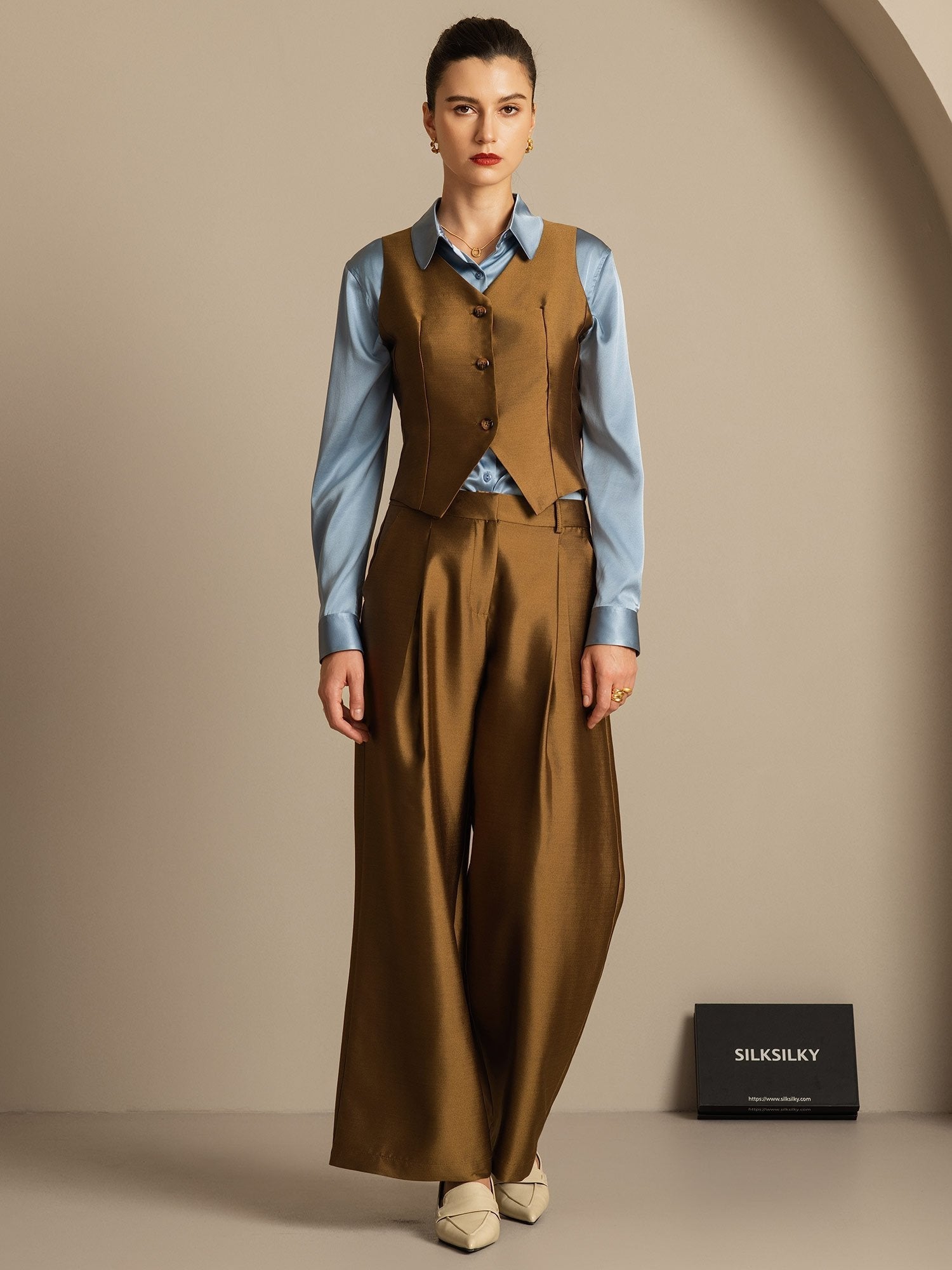 [Bronze] SilkSilky-CA 32Momme Silk-Wool Blend V Neck Women's Vest 001,