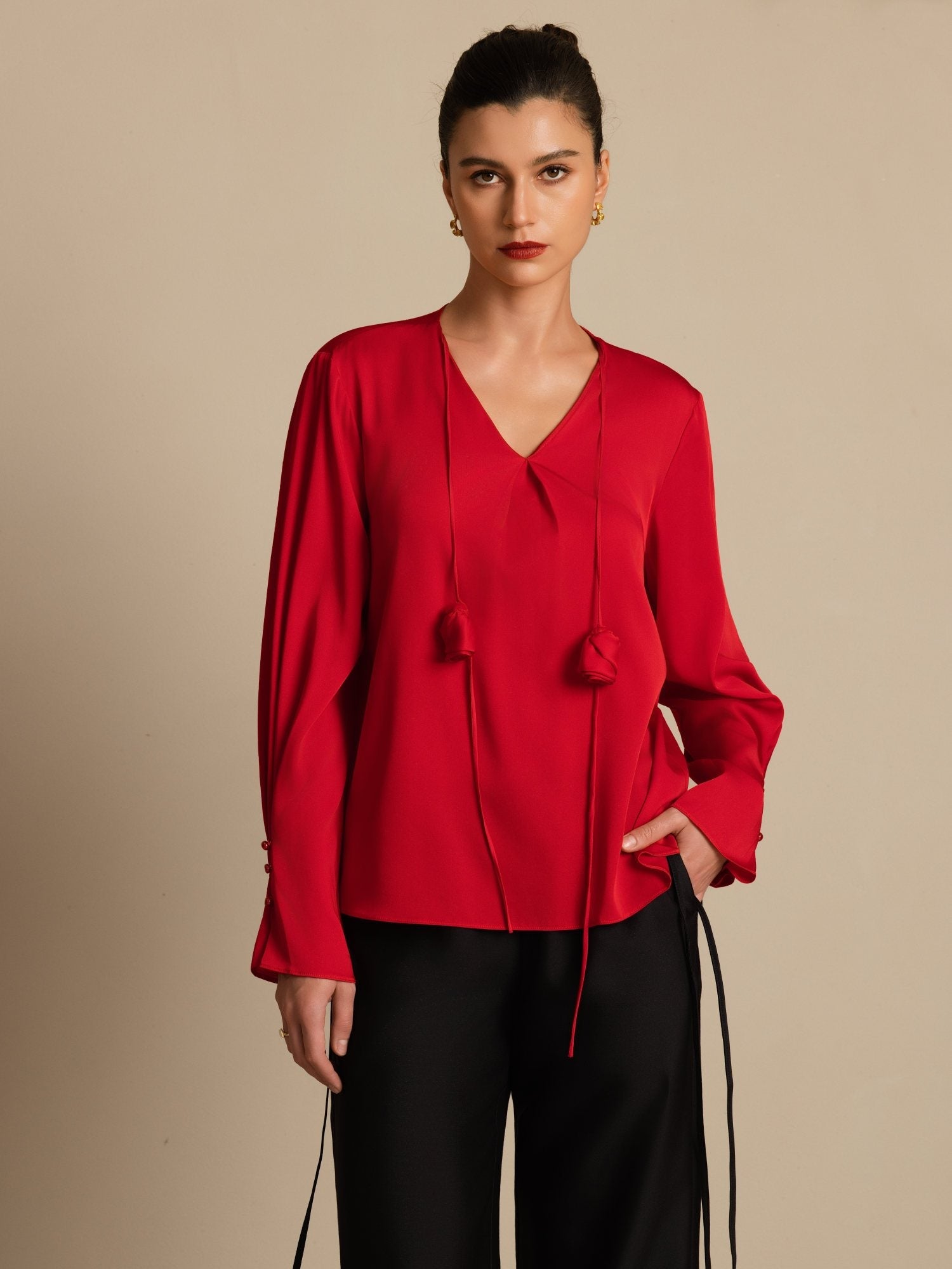 [Wine] SilkSilky-CA 19Momme Stretch Silk Double Georgette Long Sleeve V Neck Blouse 003