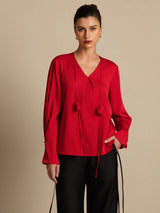 [Wine] SilkSilky-CA Long Sleeve V Neck Women's Blouse 001