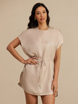 [Tan] SilkSilky-CA 18Momme Silk Satin Surah Cap Sleeve Henley Neck Dress 004
