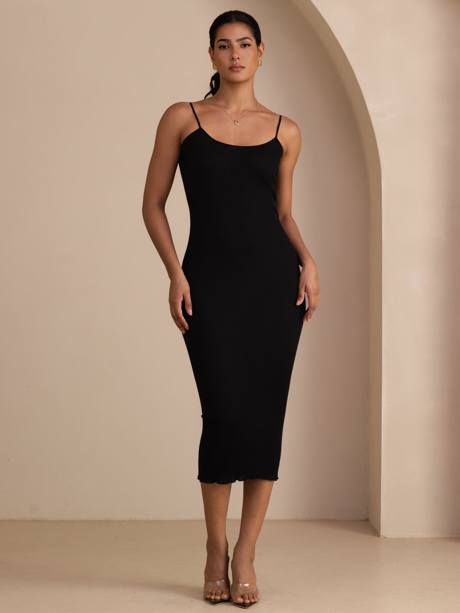 [Black] SilkSilky-CA Spaghetti Strap Boat Neck Dress 001