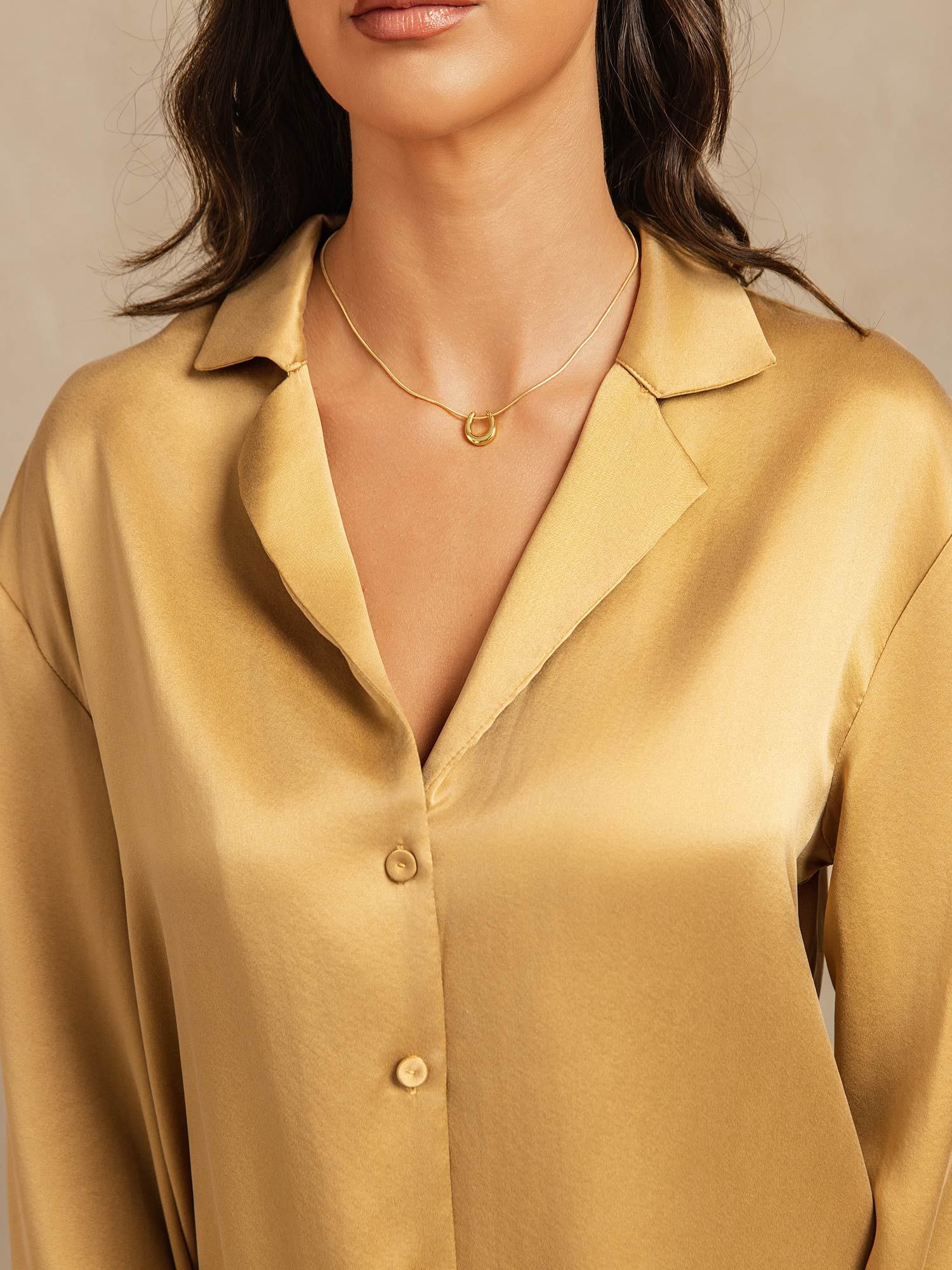 [Tan] SilkSilky-CA 19Momme Machine-Washable Silk Long Sleeve Notch Collar Women's Pajamas 004