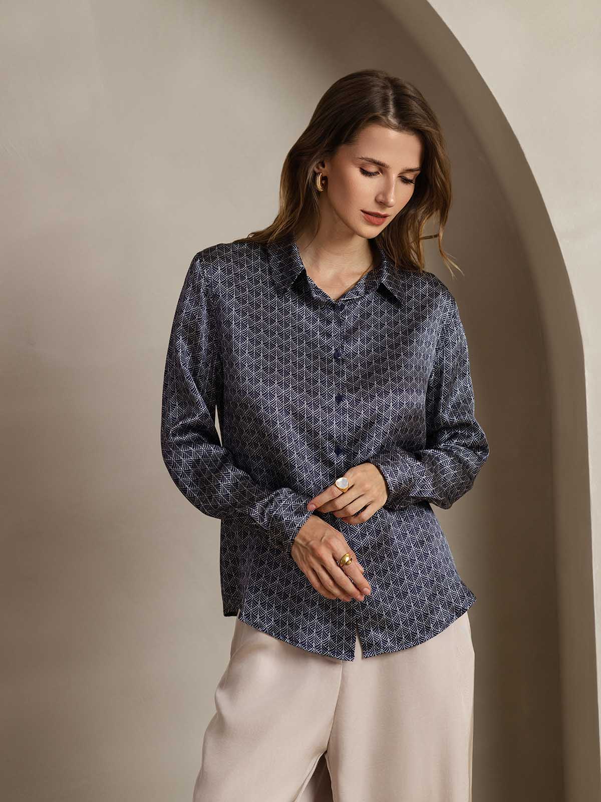 [Navy Ginkgo] SilkSilky-CA Silk Lapel Collar Women's Shirt 005