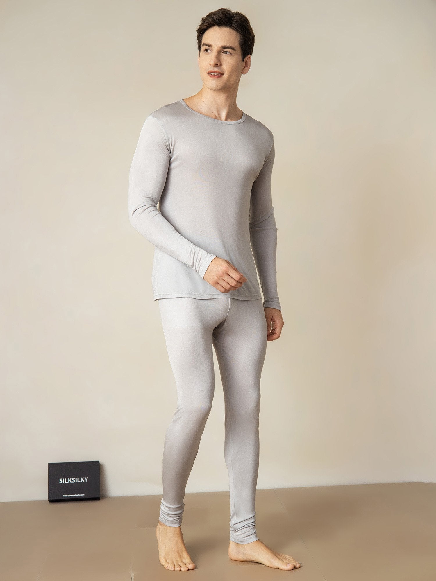 [Silver] SilkSilky-CA Silk Knitted Round Neck Men's Pajamas 001