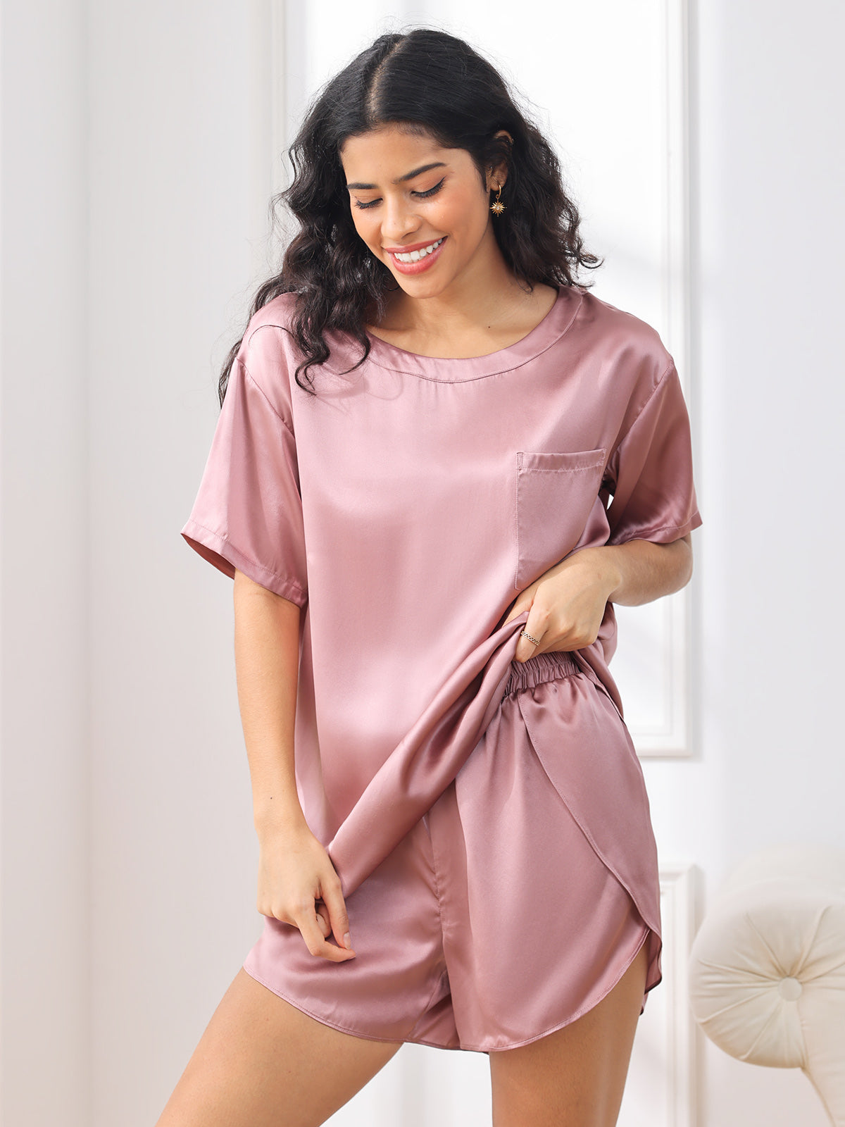 SilkSilky-CA Pure Silk Short Sleeve Round Neck Women's Pajamas PaleMauve 004