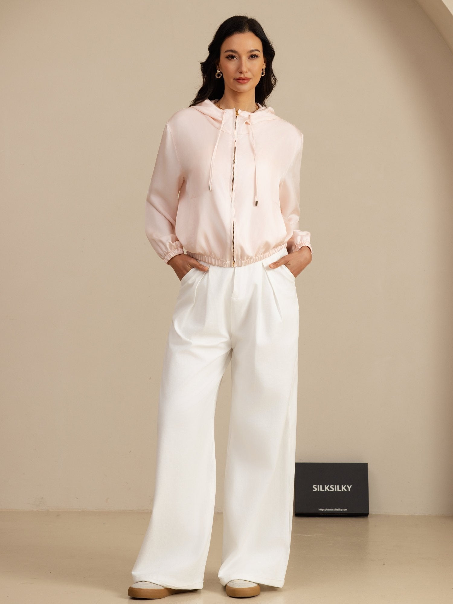 [Pink] SilkSilky-CA 18Momme Silk Satin Surah Long Sleeve Stand Collar Women's Outerwear 006