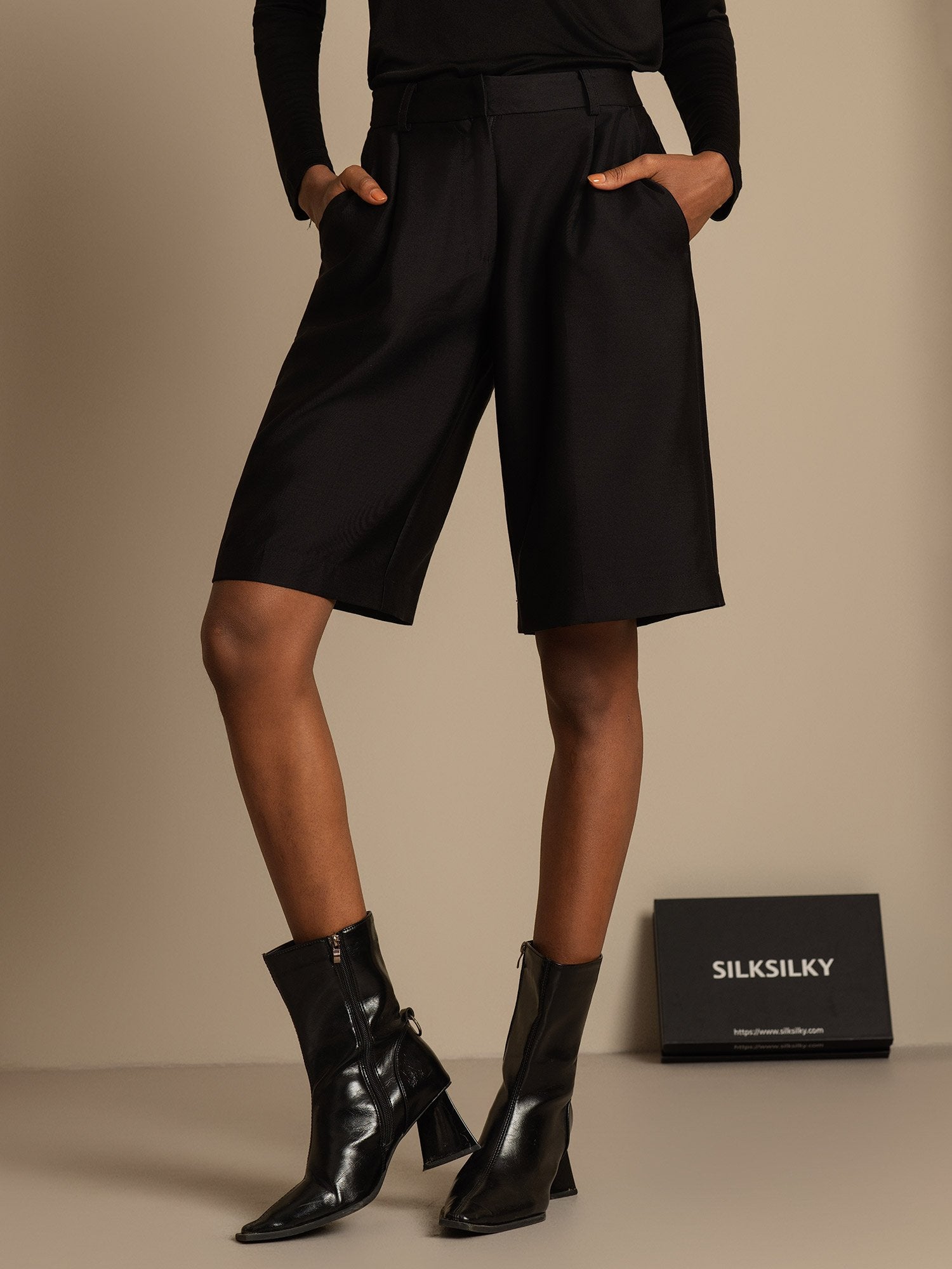 [Black] SilkSilky-CA 32Momme Silk-Wool Blend Womens Shorts 001,