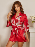 SilkSilky-CA 19Momme Pure Silk 3/4 Sleeve Deep V Neck Women's Robe DarkRed 003