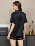 SilkSilky CA Pure Silk Short Sleeve Lapel Women's Pajamas Black 003