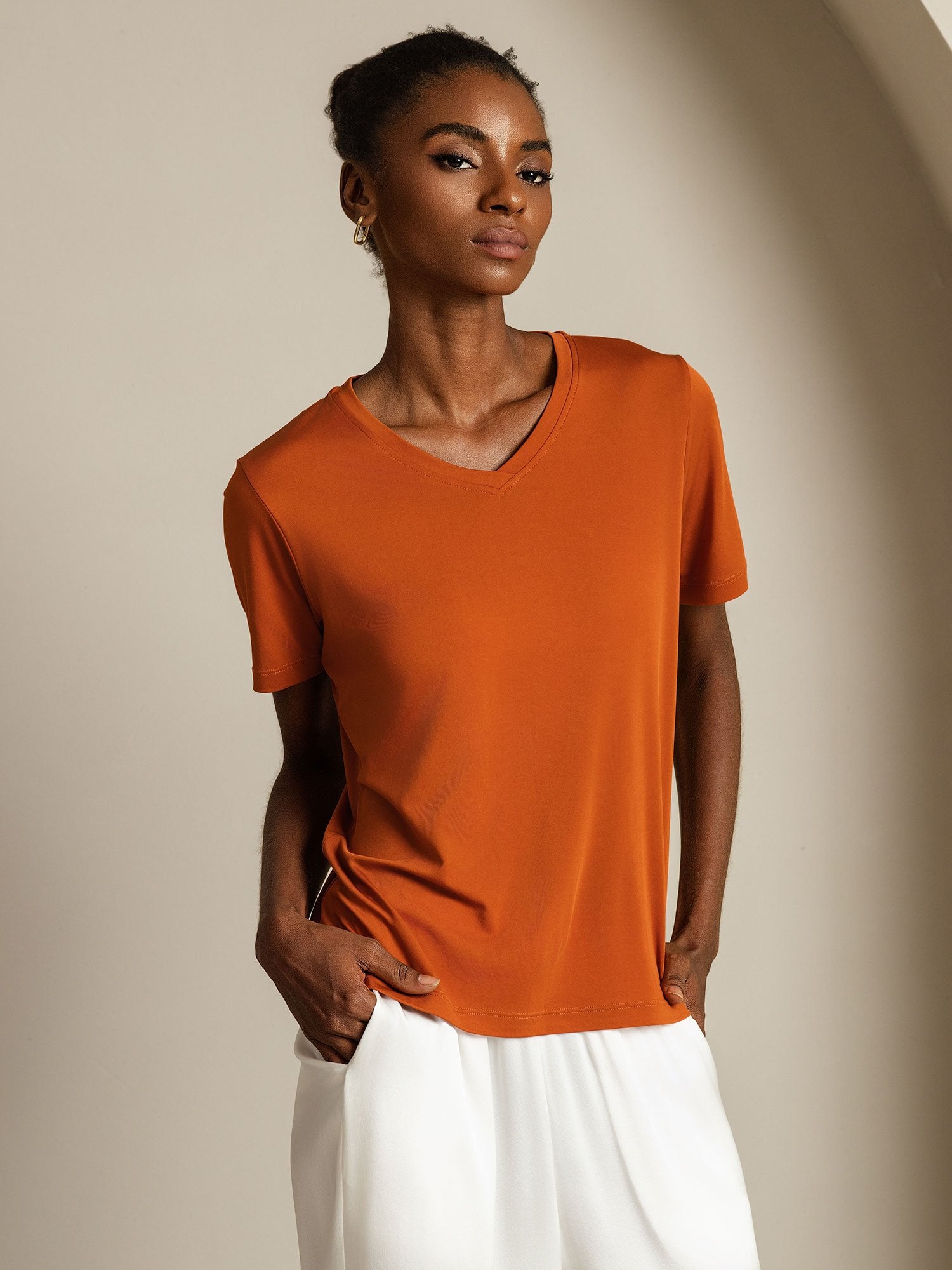 [Orange] SilkSilky-CA Pure Silk V Neck Women's T-Shirt 006