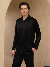 [Black] SilkSilky-CA 19Momme Stretch Silk Charmeuse Long Sleeve Lapel Collar Men's Shirt 001