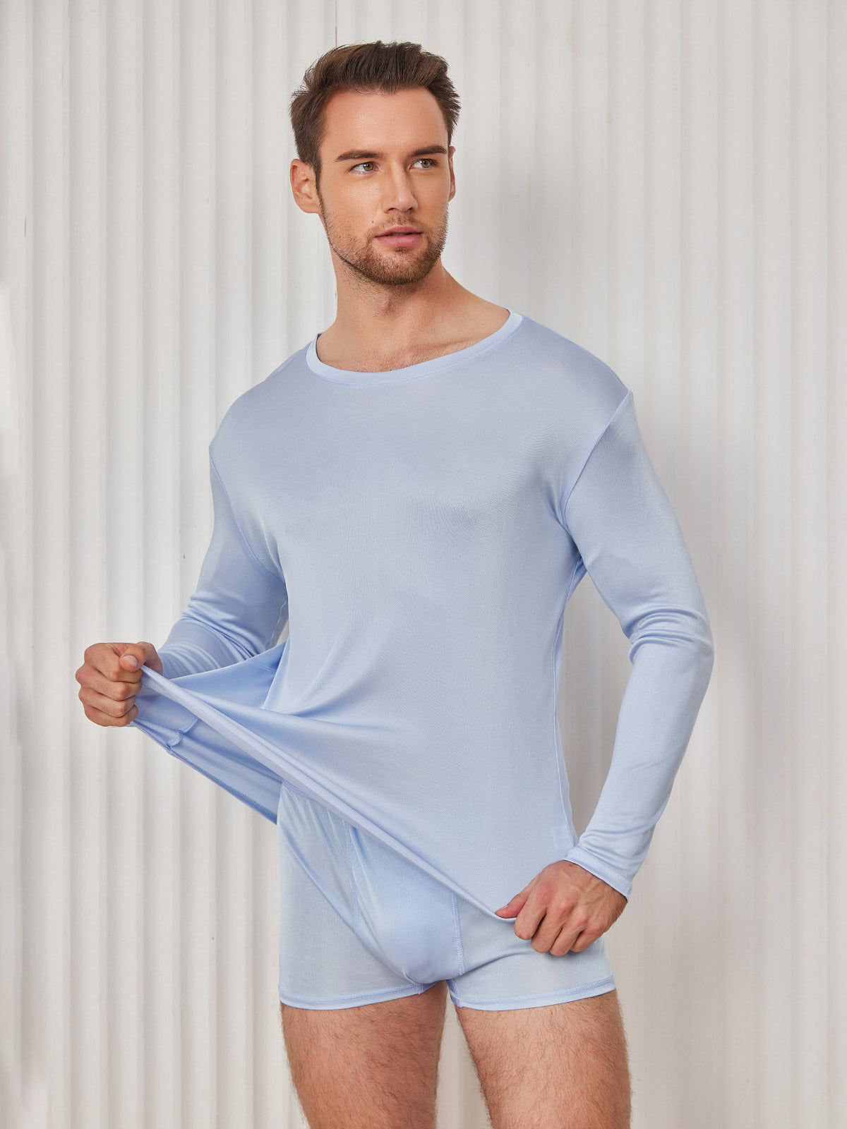 SilkSilky CA Silk Knitted Long Sleeve Round Neck Men's T Shirt LightBlue 004