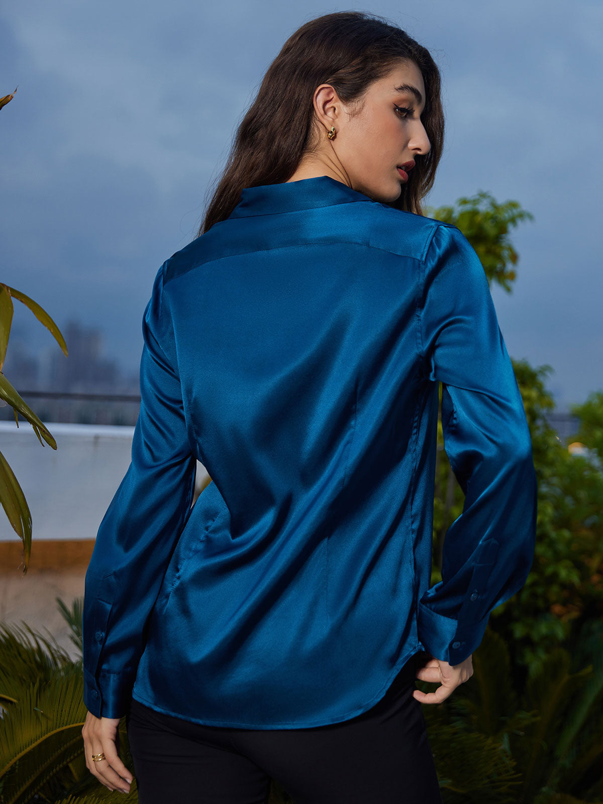 [Teal] SilkSilky-CA 19Momme Stretch Silk Charmeuse Long Sleeve Lapel Collar Women's Shirt 002