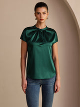 [Dark Green] SilkSilky-CA Short Sleeve Split Women's Blouse 001