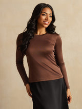 [Coffee] SilkSilky-CA 100% Silk Jersey Long Sleeve Crew Neck Women's T-Shirt 003