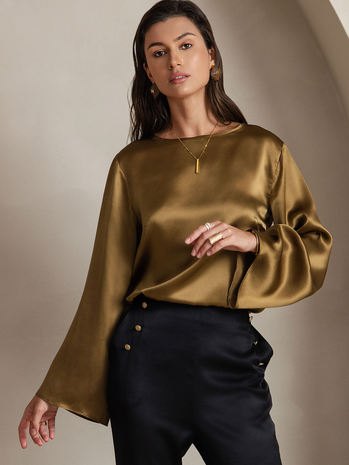 [Brown] SilkSilky-CA 19Momme Silk Bell Sleeve Round Neck Blouse 001