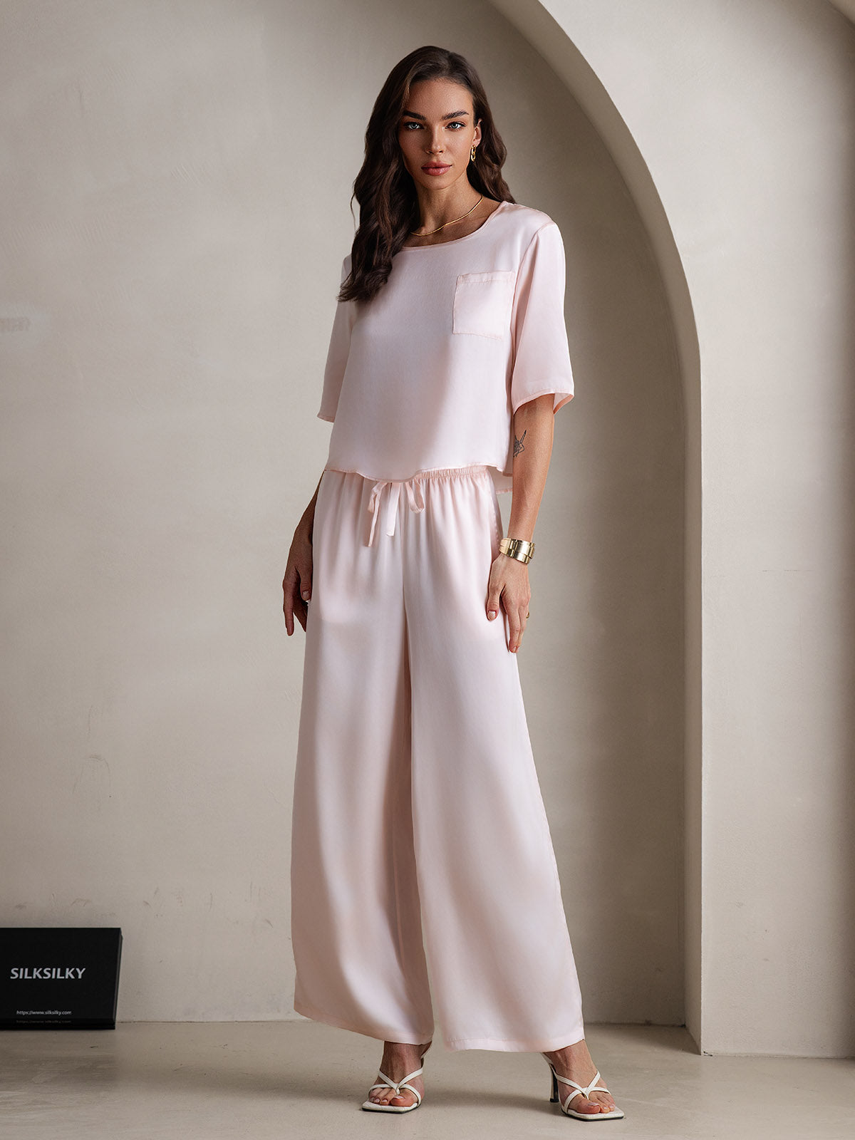[Pink] SilkSilky-CA Pure Silk Round Neck Women's Pajamas 003