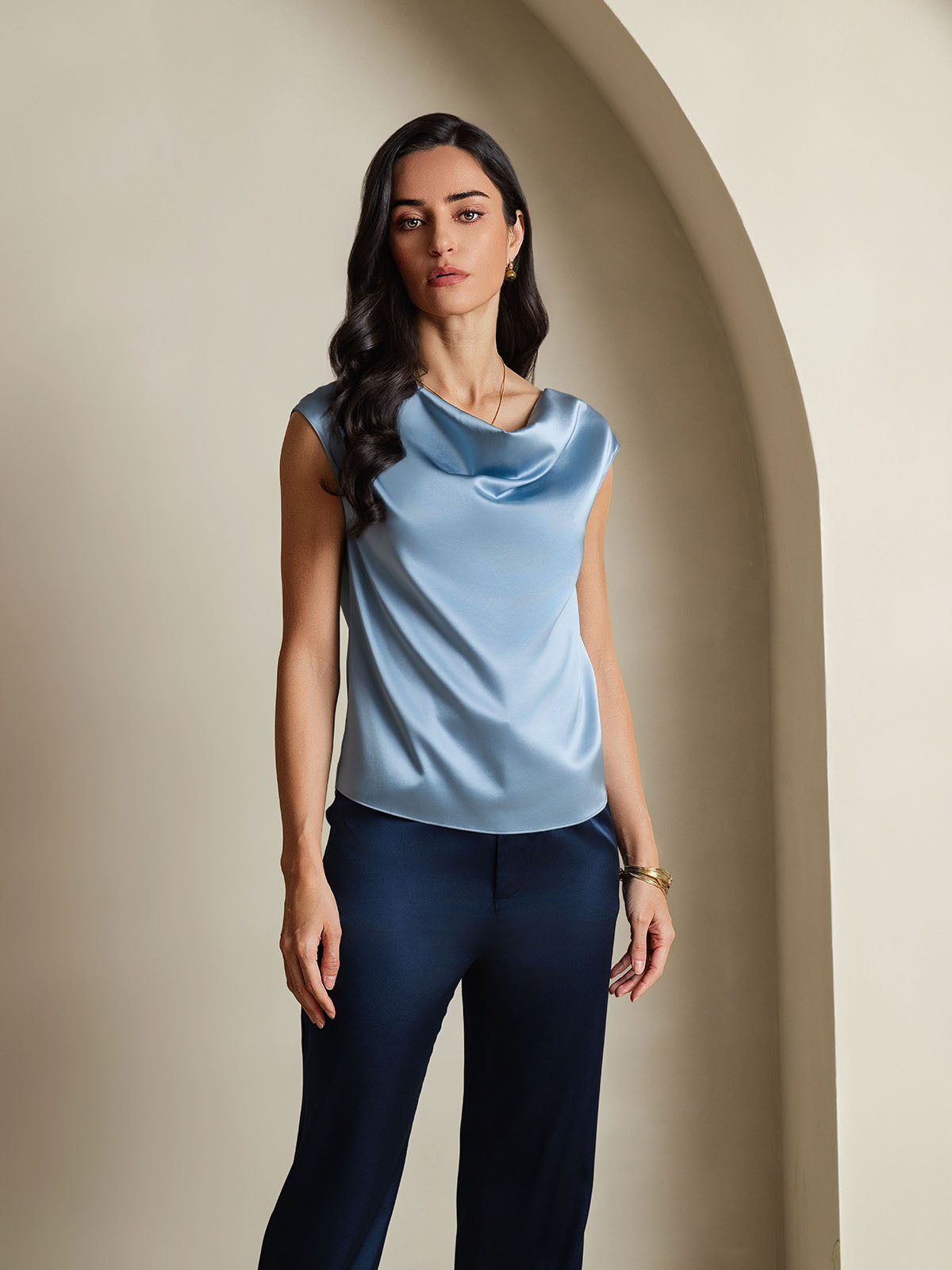 [Grayish Blue] SilkSilky-CA 19Momme Silk Cap Sleeve Cowl Neck Women's T-Shirt 001