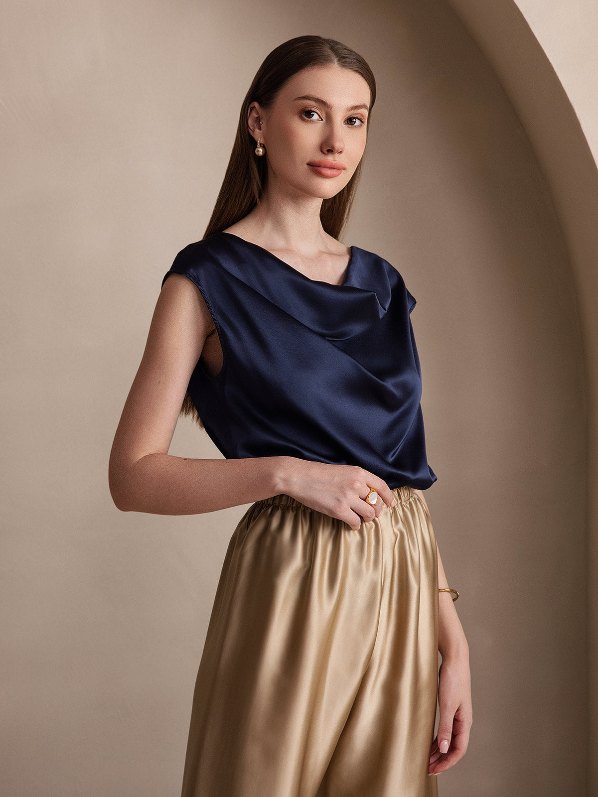 [Dark Blue] SilkSilky-CA 19Momme Silk Cowl Neck Women's T-Shirt 005