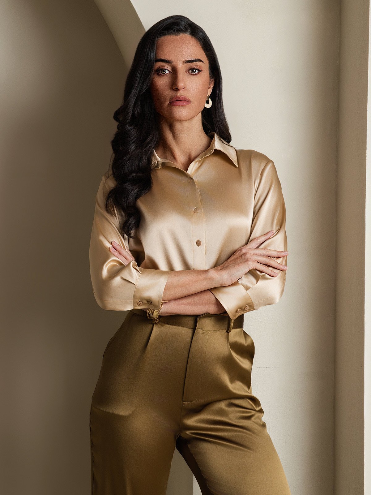 SilkSilky-CA 19Momme Silk Long Sleeve Lapel Women's Shirt Champagne 001