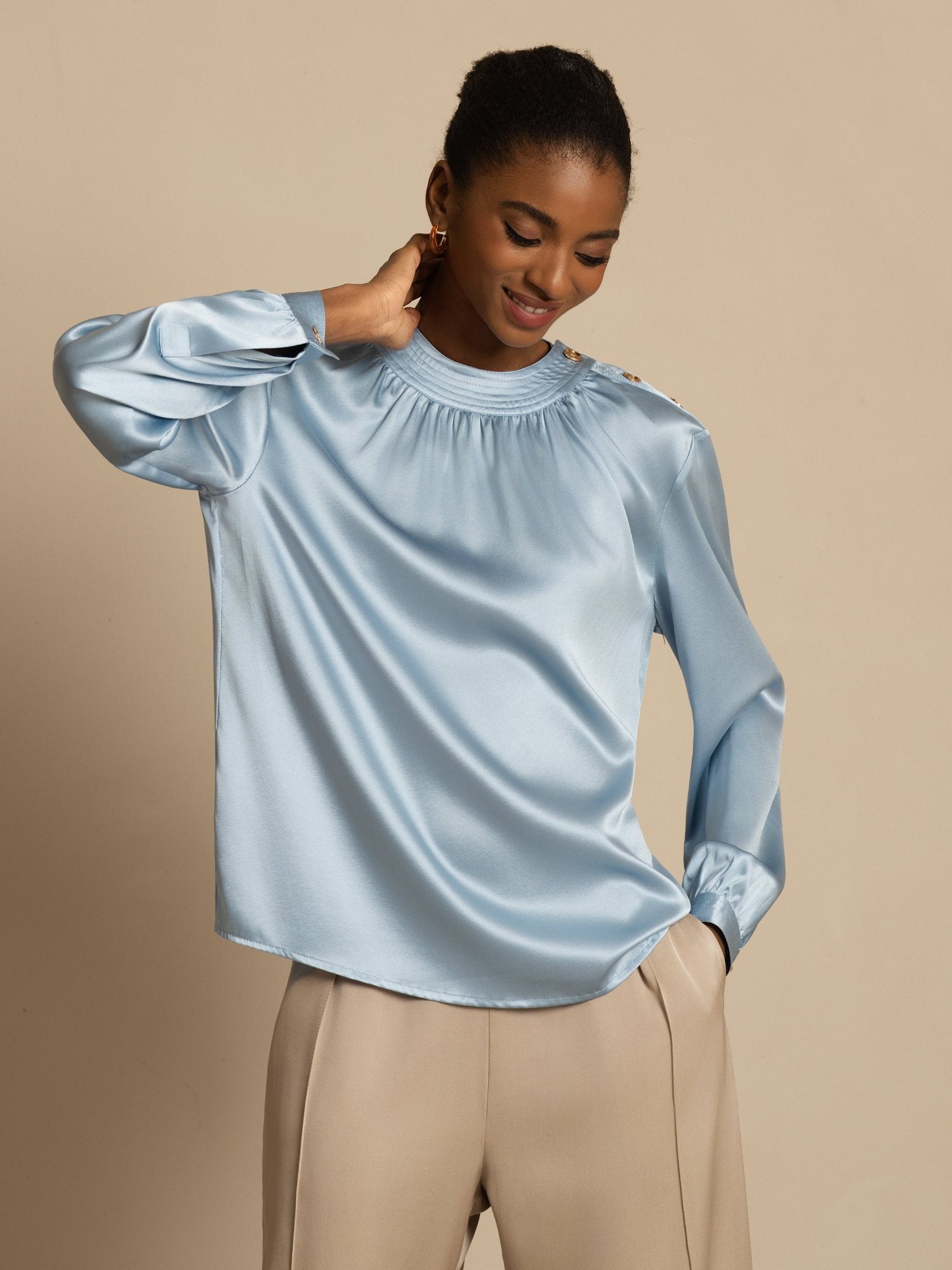 [Grayish Blue] SilkSilky-CA 19Momme Stretch Silk Charmeuse Long Sleeve Round Neck Blouse 001
