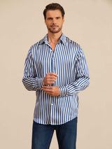 [Navy Stripe] SilkSilky-CA 19Momme Stretch Silk Charmeuse Long Sleeve Lapel Collar Men's Shirt 003