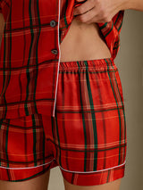 [Red Plaid] SilkSilky-CA Short Sleeve Notch Collar Women's Pajamas 005