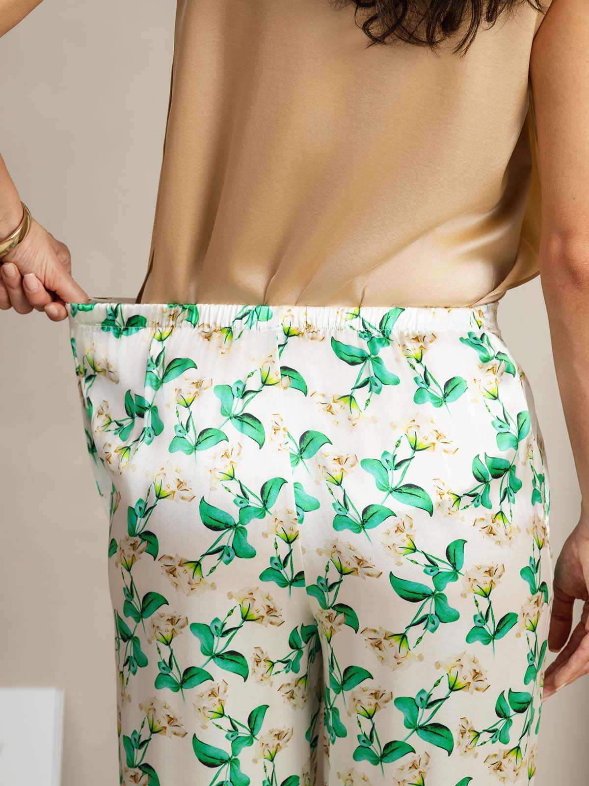 [Green Floral] SilkSilky-CA 19Momme Silk Womens Pants 005