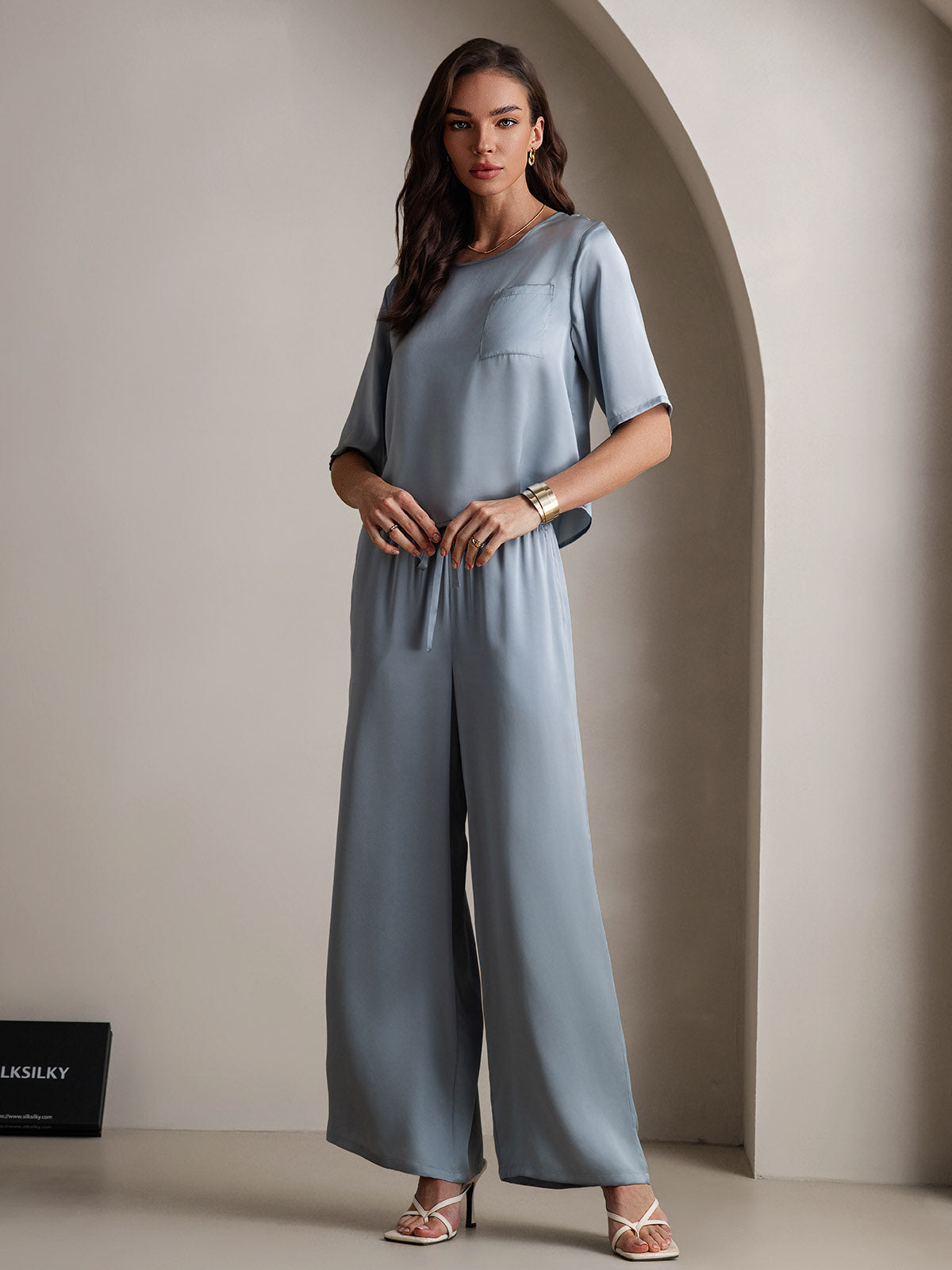 [Grayish Blue] SilkSilky-CA Pure Silk Round Neck Women's Pajamas 004