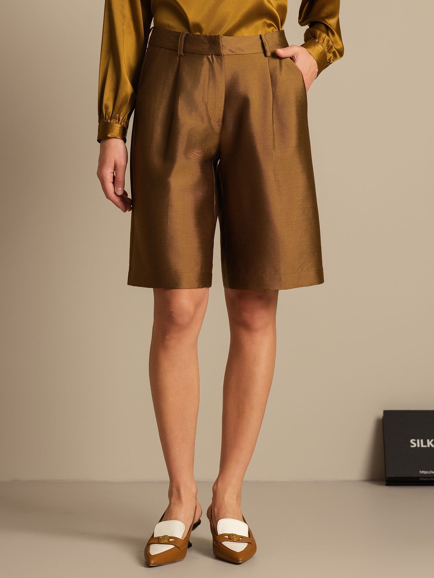 [Bronze] SilkSilky-CA 32Momme Silk-Wool Blend Womens Shorts 003,