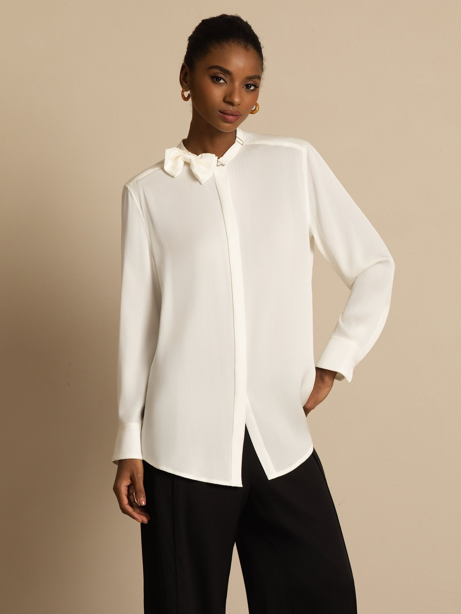 [White] SilkSilky-CA 19Momme Stretch Silk Double Georgette Long Sleeve Collar Blouse 004