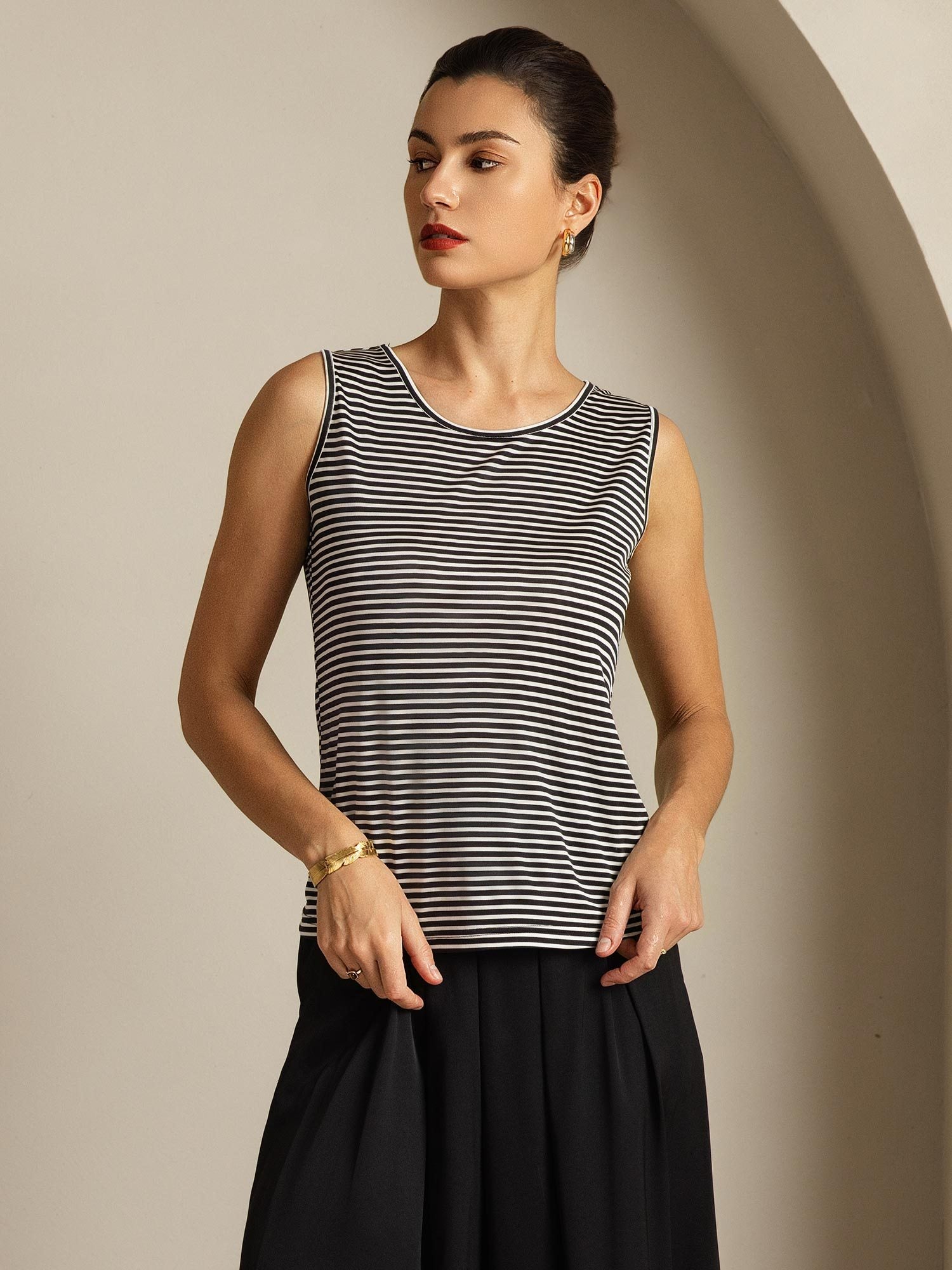 [White Stripe] SilkSilky-CA Pure Silk Sleeveless Round Neck Camisole 005
