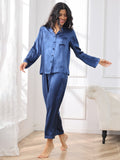 SilkSilky-CA Pure Silk Long Sleeve Lapel Women's Pajamas DarkBlue 004