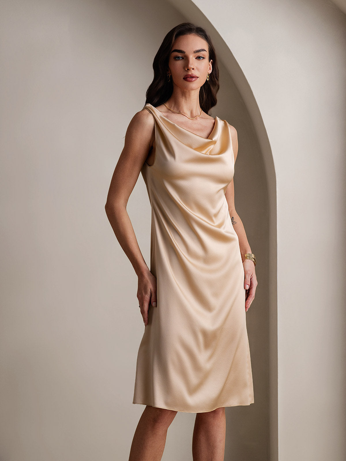 [Champagne] SilkSilky-CA 19Momme Silk Cowl Neck Dress 003