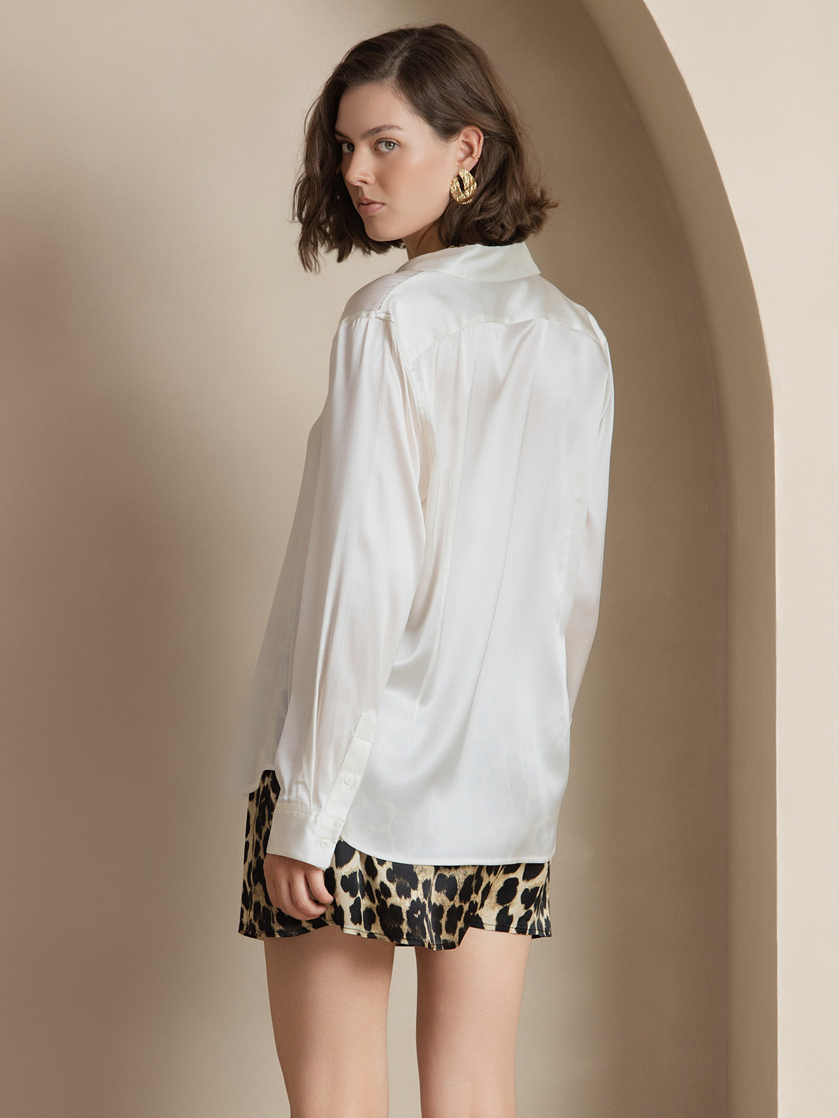 [White] SilkSilky-CA 19Momme Stretch Silk Charmeuse Long Sleeve Lapel Collar Women's Shirt 002