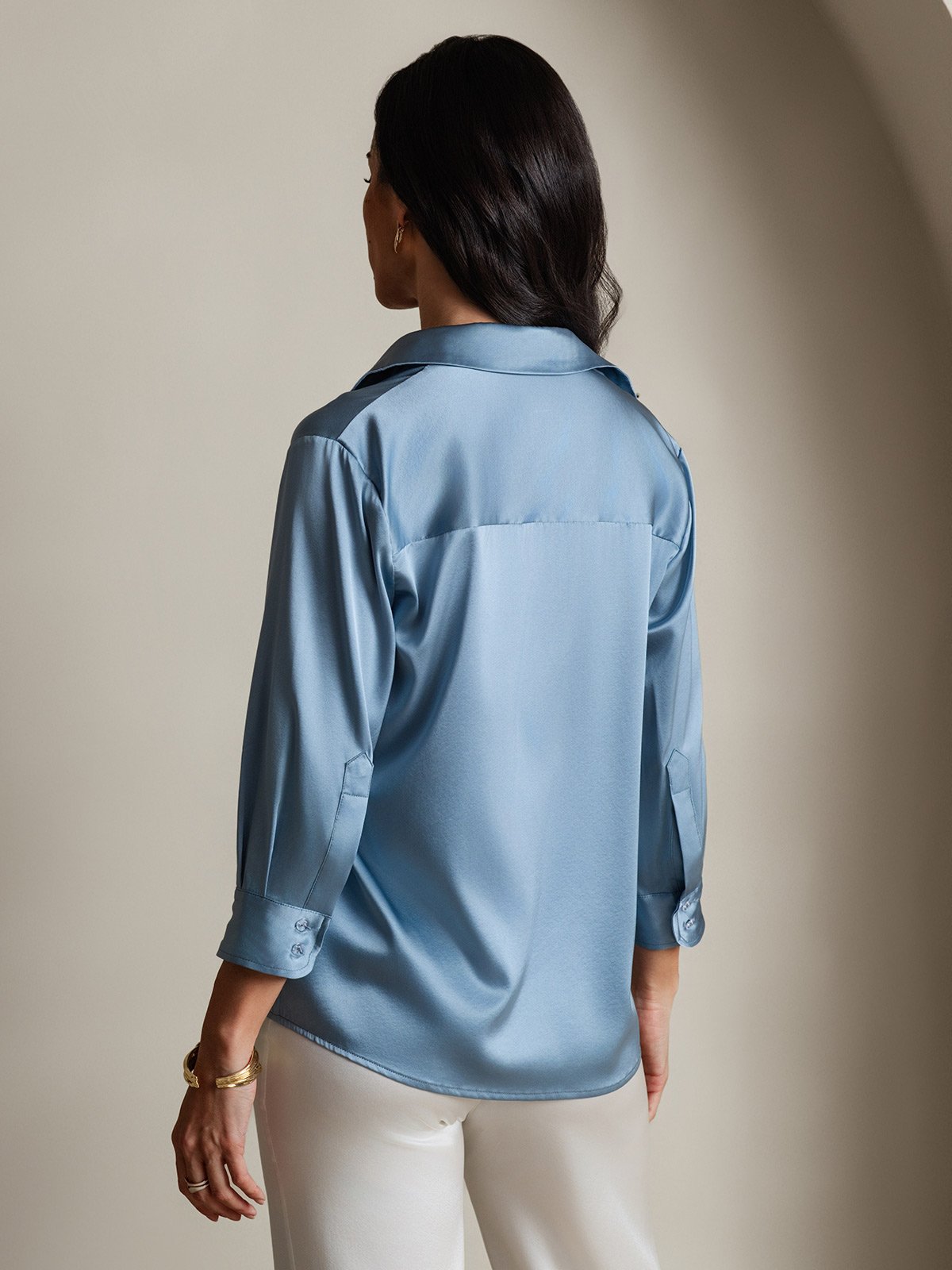 [Grayish Blue] SilkSilky-CA 19Momme Stretch Silk Charmeuse 3/4 Sleeve Lapel Collar Women's Shirt 002