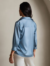 [Grayish Blue] SilkSilky-CA 19Momme Stretch Silk Charmeuse 3/4 Sleeve Lapel Collar Women's Shirt 002