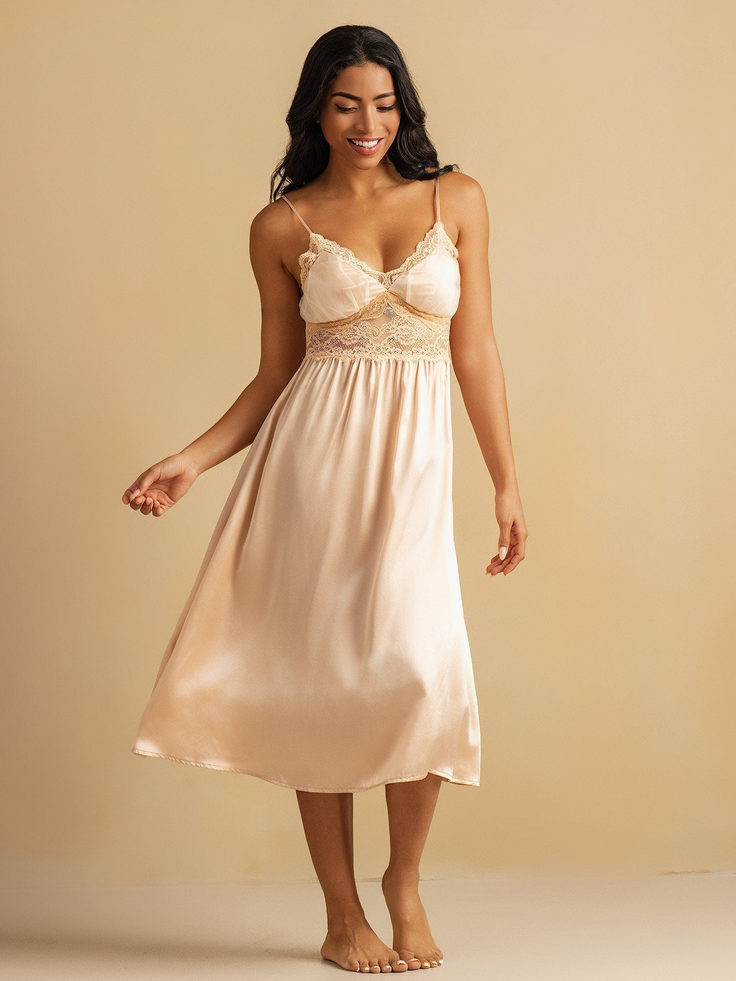 [Light Pink] SilkSilky-CA Spaghetti Strap Deep V Neck Nightgown 005
