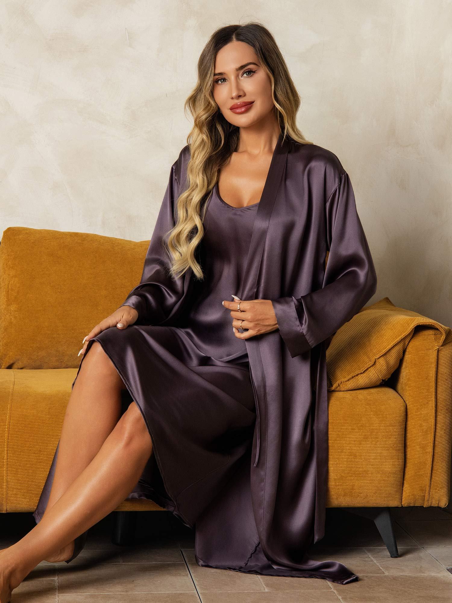 [PurpleGray] SilkSilky-CA Pure Silk V Neck Nightgown&Robe Set 008