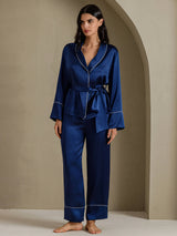 [Dark Blue] SilkSilky-CA Long Sleeve Shawl Collar Women's Pajamas 005