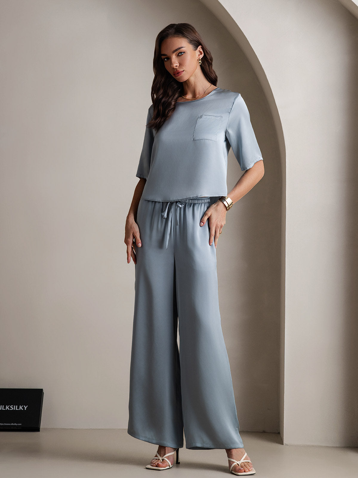 [Grayish Blue] SilkSilky-CA Pure Silk Round Neck Women's Pajamas 005
