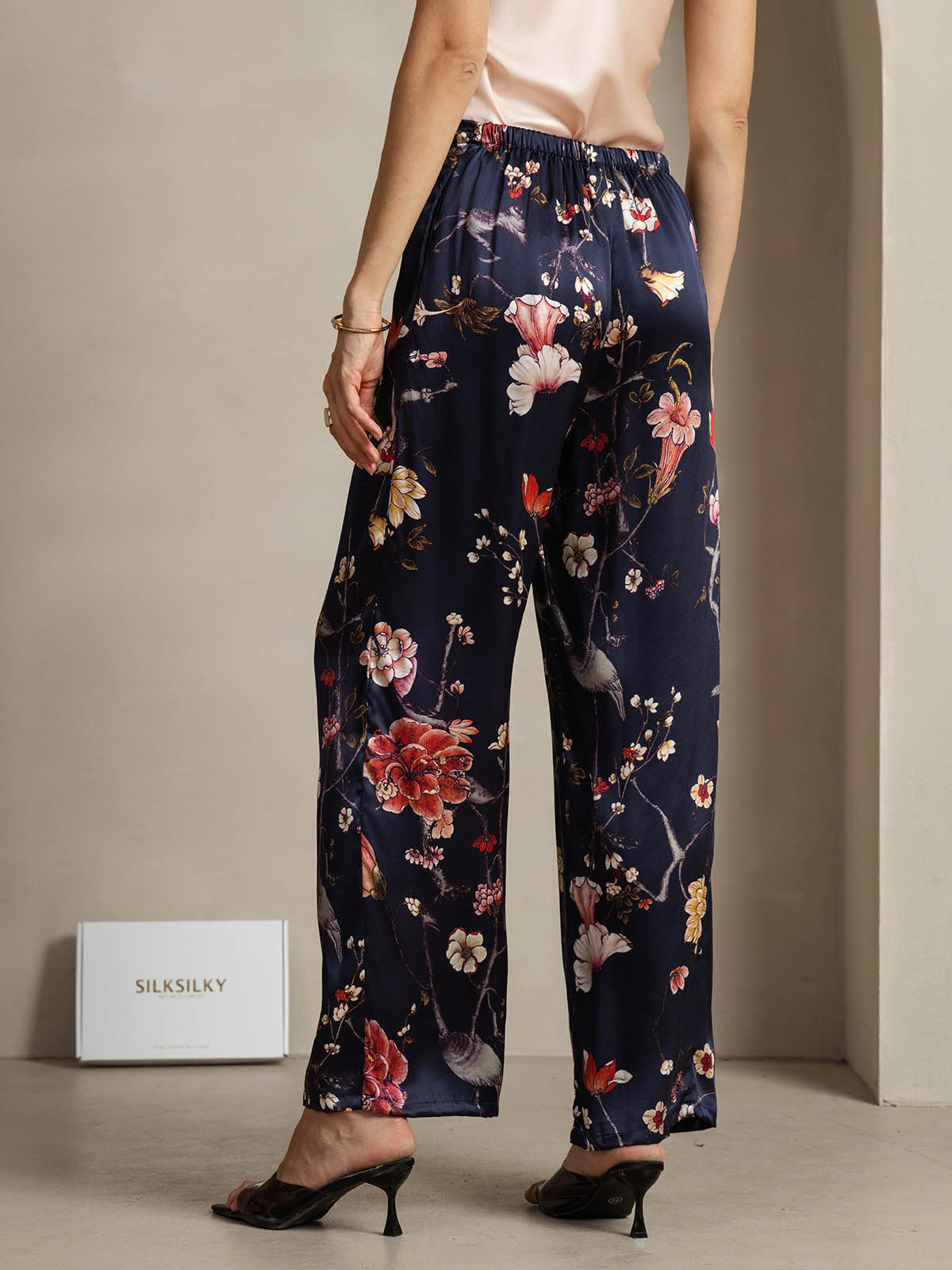 [Navy Floral] SilkSilky-CA 19Momme Silk Womens Pants 002