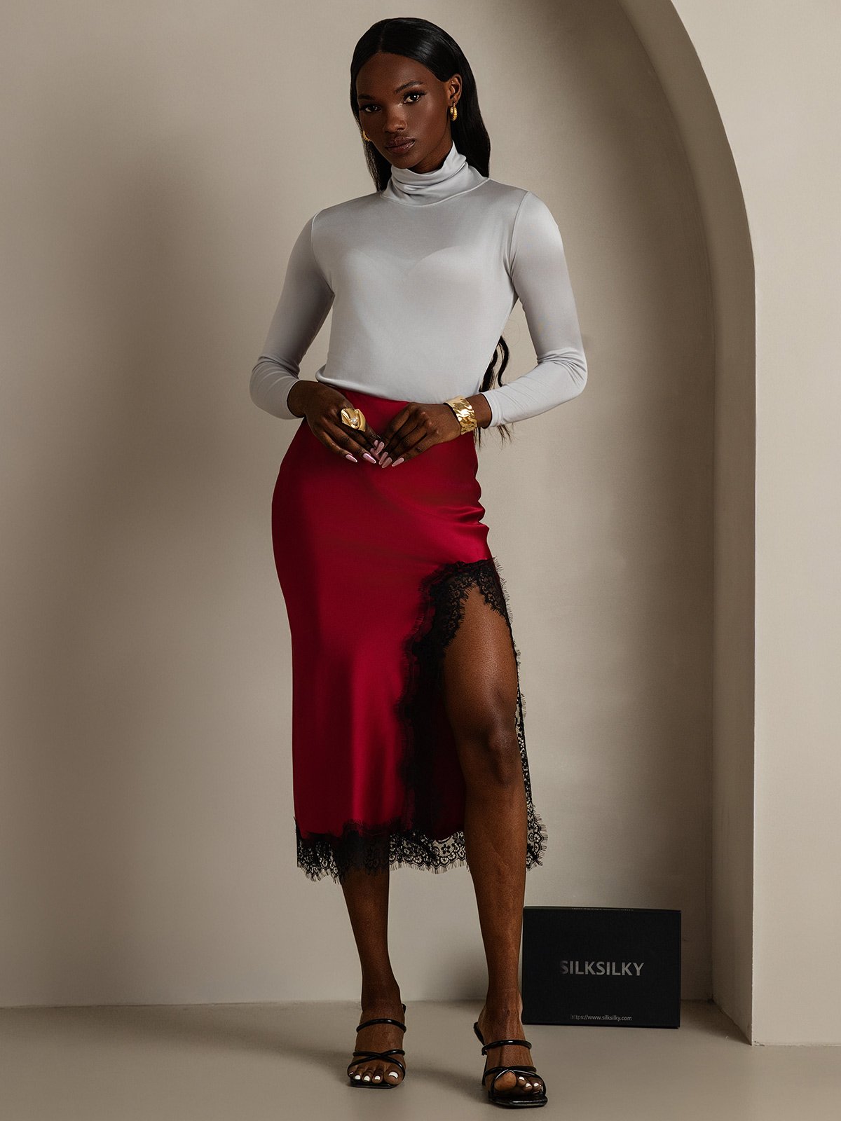 SilkSilky-CA 19Momme Silk Skirt Wine 005