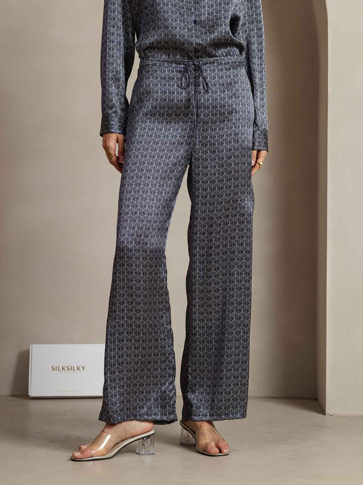 [Navy Ginkgo] SilkSilky-CA 19Momme Silk Womens Pants 001