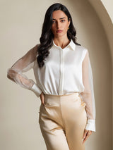 [White] SilkSilky-CA Long Sleeve Lapel Collar Women's Shirt 003