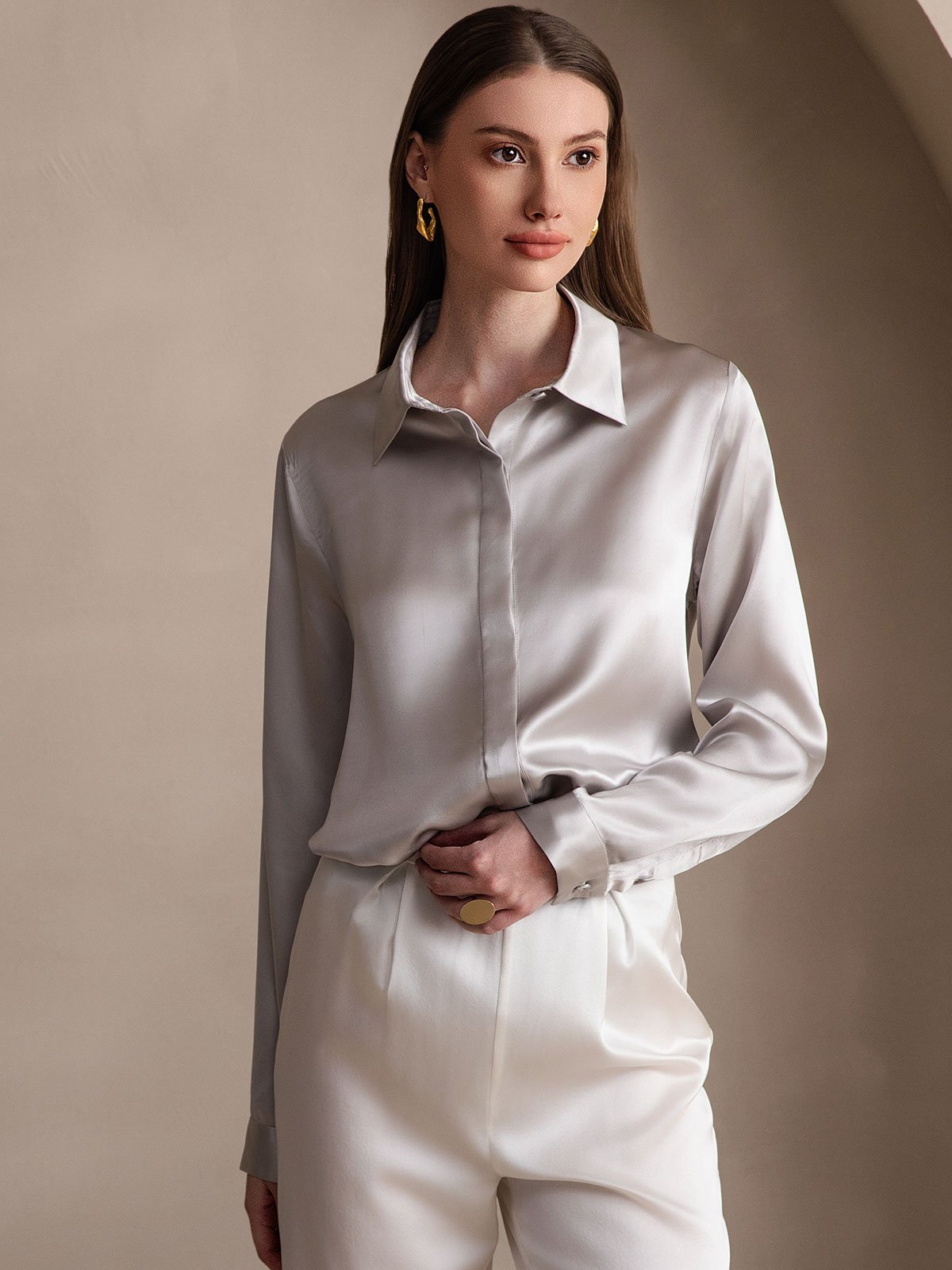 [Light Gray] SilkSilky-CA 19Momme Silk Long Sleeve Lapel Collar Women's Shirt 001