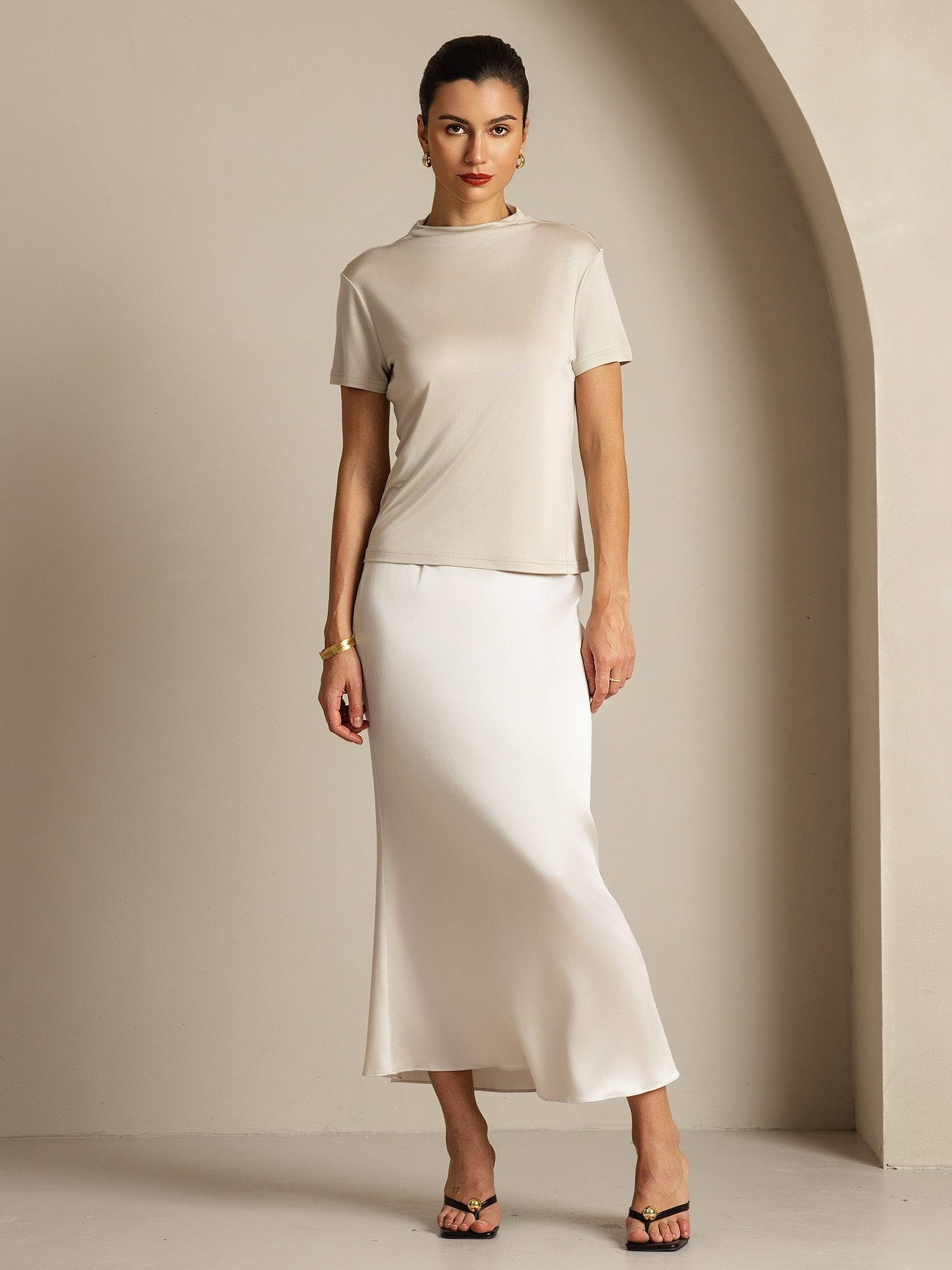 [Gray] SilkSilky-CA Pure Silk Collar Women's T-Shirt 008