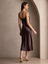 [Coffee] SilkSilky-CA Spaghetti Strap V Neck Dress 002