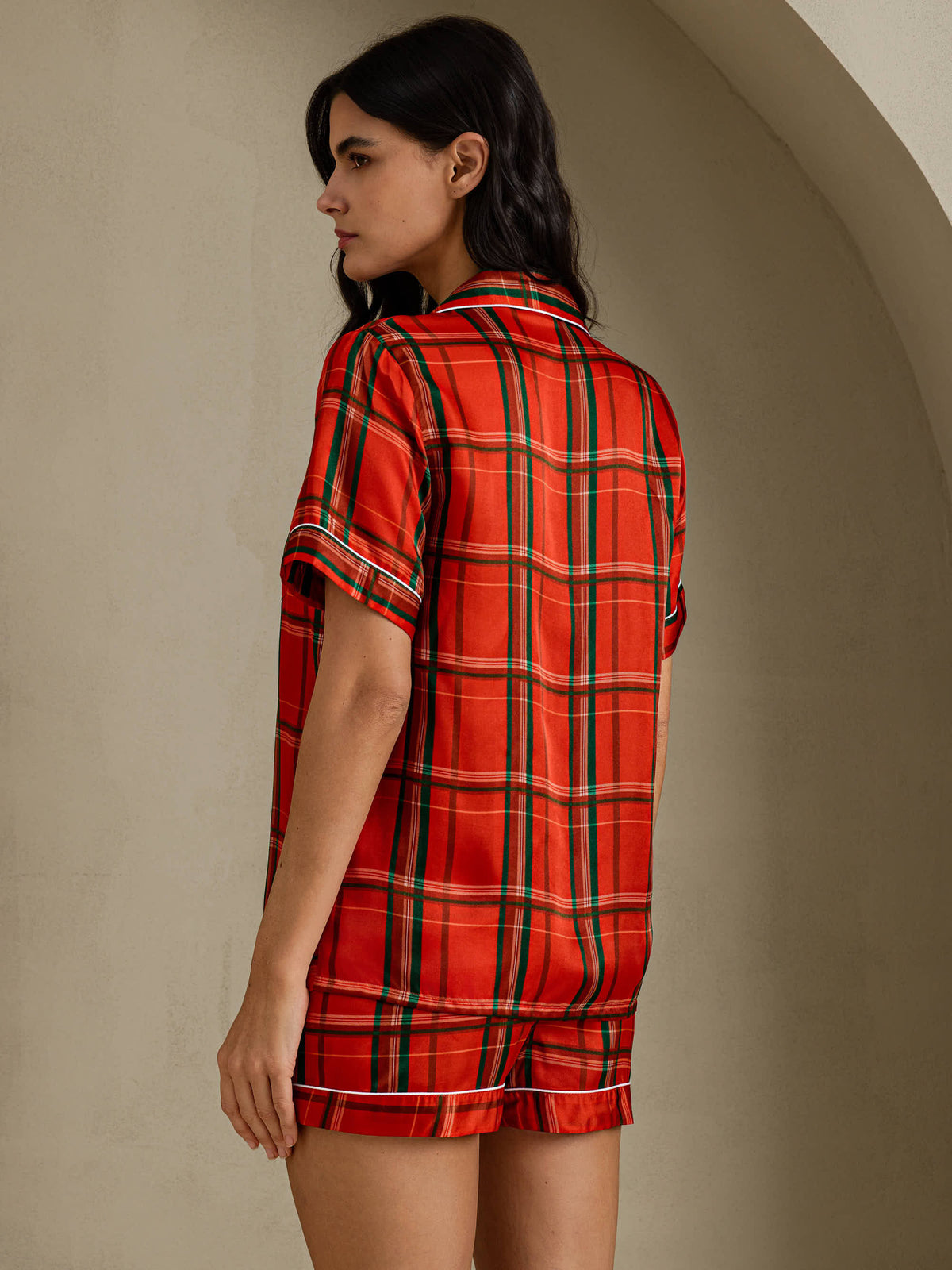 [Red Plaid] SilkSilky-CA Short Sleeve Notch Collar Women's Pajamas 002